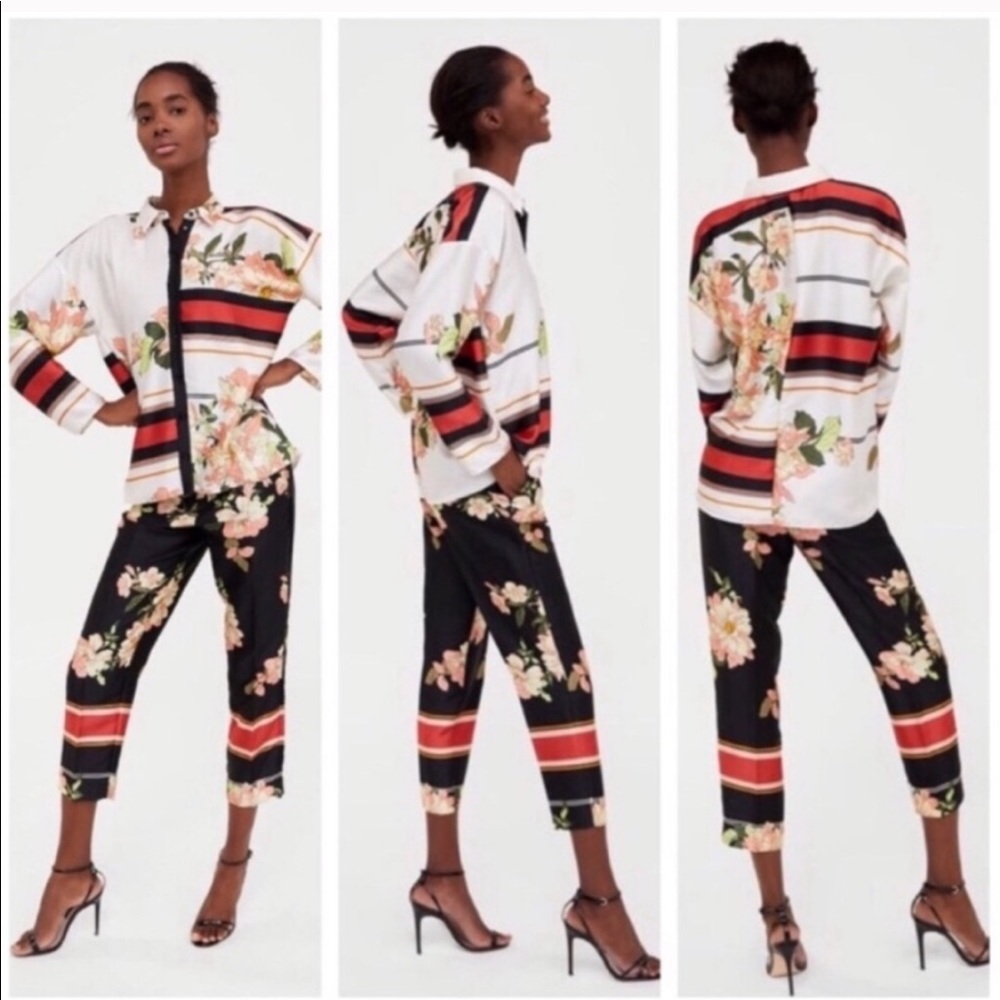 Zara black floral print crop pant